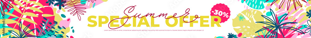 Summer time special offer long horizontal banner with tropical leaves and flat elements. Vector template for sales, promo, ads. Bright floral vector illustration with text blocks. Summer time special offer long horizontal banner with tropical leaves and flat elements. Vector template for sales, promo, ads. Bright floral vector illustration with text blocks.