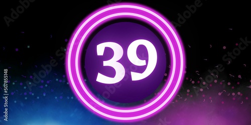 Number 39. Banner with the number thirty nine on a black background and blue and purple details with a circle purple in the middle photo