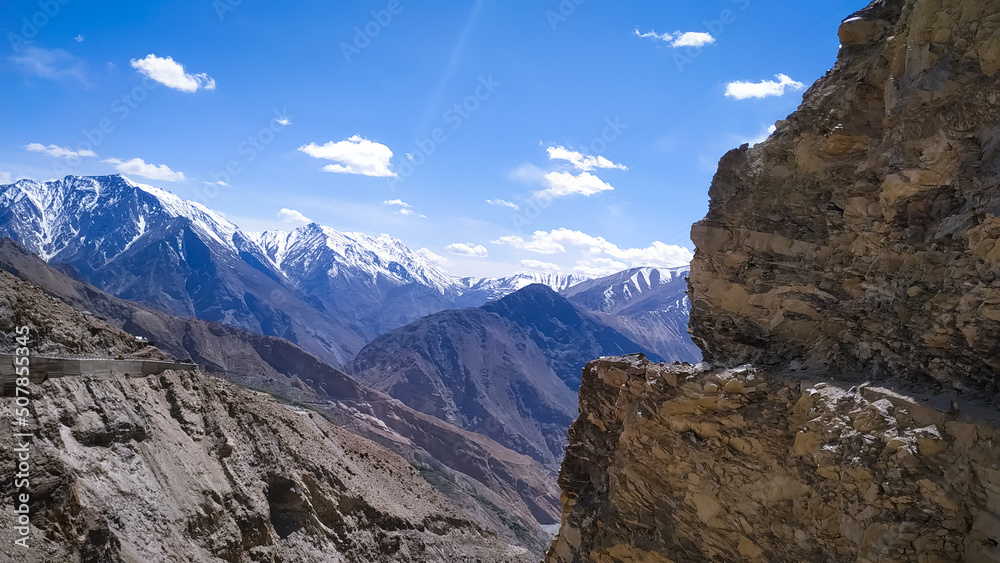 Beautiful valley with snow covered mountains in the Spiti, Himachal Pradesh, India