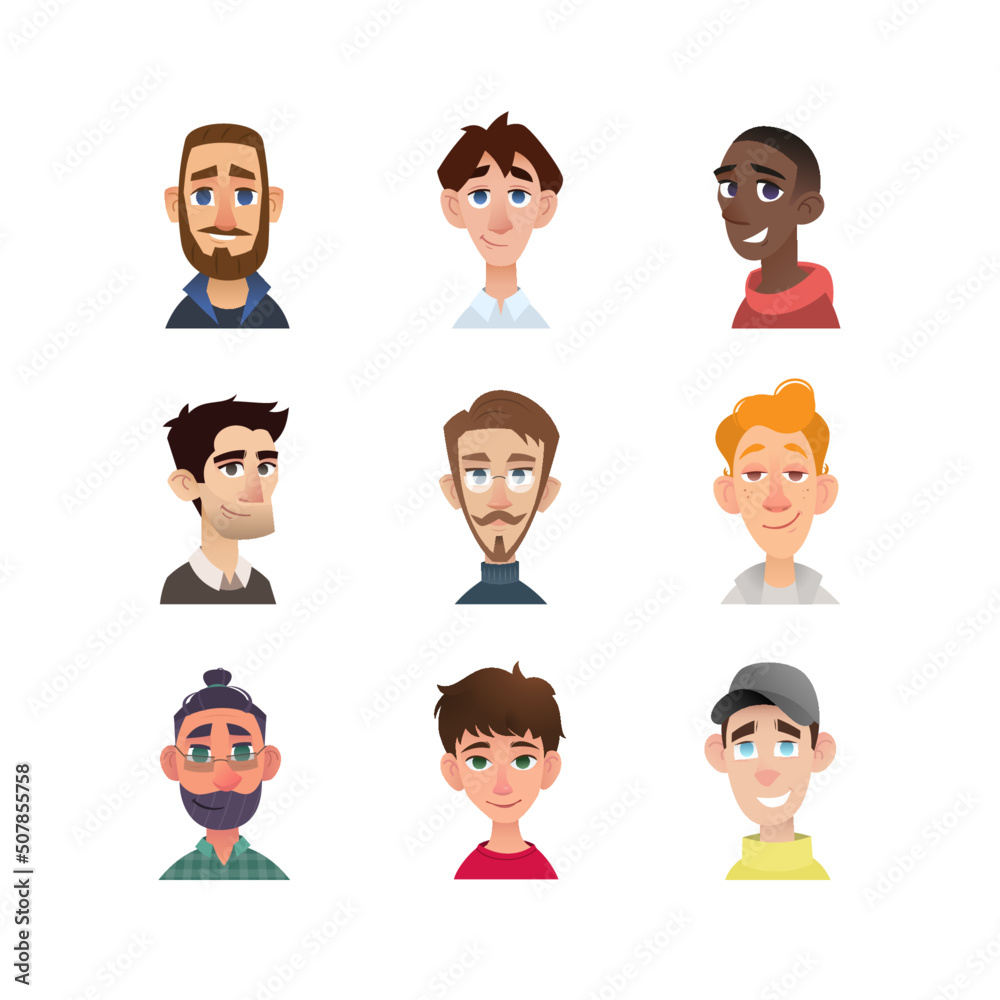 Fototapeta premium Male avatar set in modern flat cartoon style