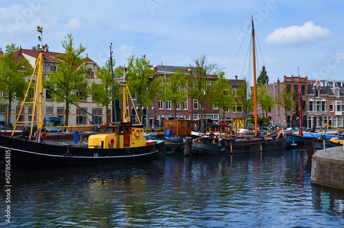 Beautiful view of city canal with moored boats