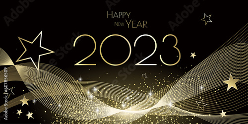 happy new year 2023 - Black and gold stars and glitter waves- party festive design