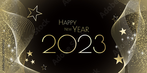happy new year 2023 - Black and gold stars and glitter - party festive design