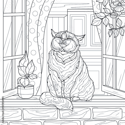 Cat on the windowsill.Coloring book antistress for children and adults. Illustration isolated on white background.Zen-tangle style. Hand draw