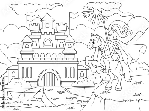 Knight near the gates of the old castle. Page outline of cartoon. Vector illustration, coloring book for kids.