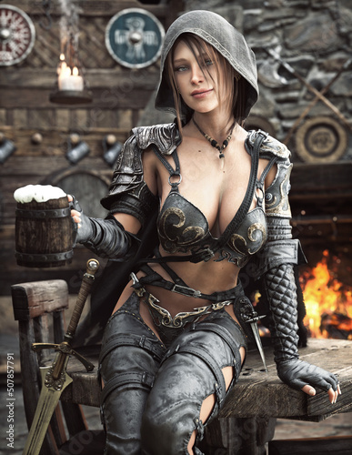 Photo Portrait of a fantasy blue eyed warrior female ranger relaxing in a medieval tavern and enjoying a few ale's