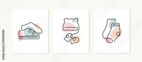 Baby accessories and garments continuous line posters.