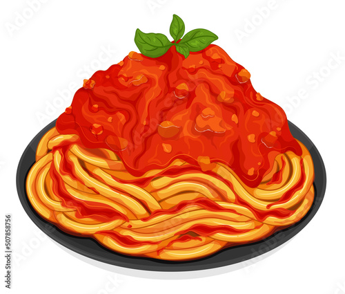 Italian pasta noodles with tomato sauce. Italian noodles food recipes. Red pasta spaghetti noodles menu close up illustration vector.