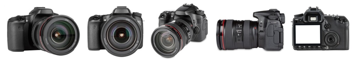 set collection of professional DSLR photo camera body with zoom lens in various angles isolated white background. media technology and photography concept