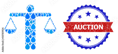 Vector mosaic judge balance, and bicolor scratched Auction seal stamp. Judge balance collage for clean water advertisement. Judge balance is formed from blue drinking water dews.