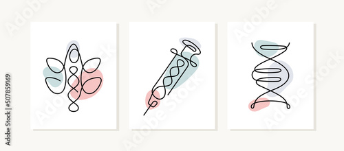 Genetic, biotechnology continuous line posters. 