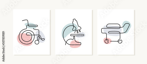 Hospital equipment continuous line illustrations.