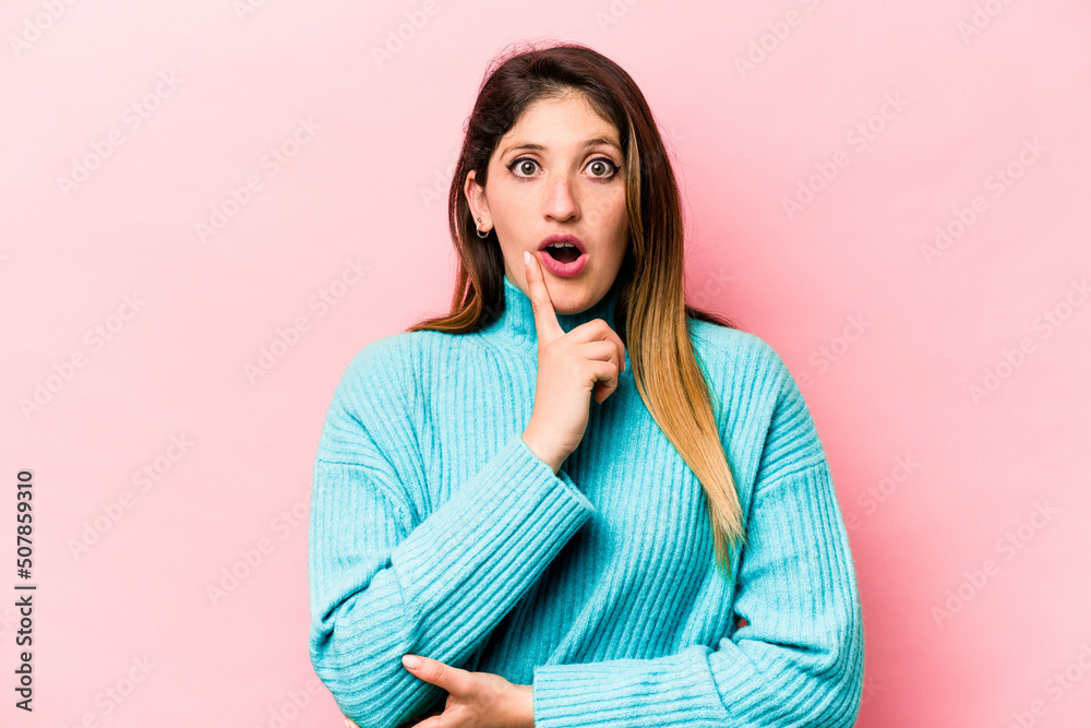 Young caucasian woman isolated on pink background having some great idea, concept of creativity. Young caucasian woman isolated on pink background having some great idea, concept of creativity.