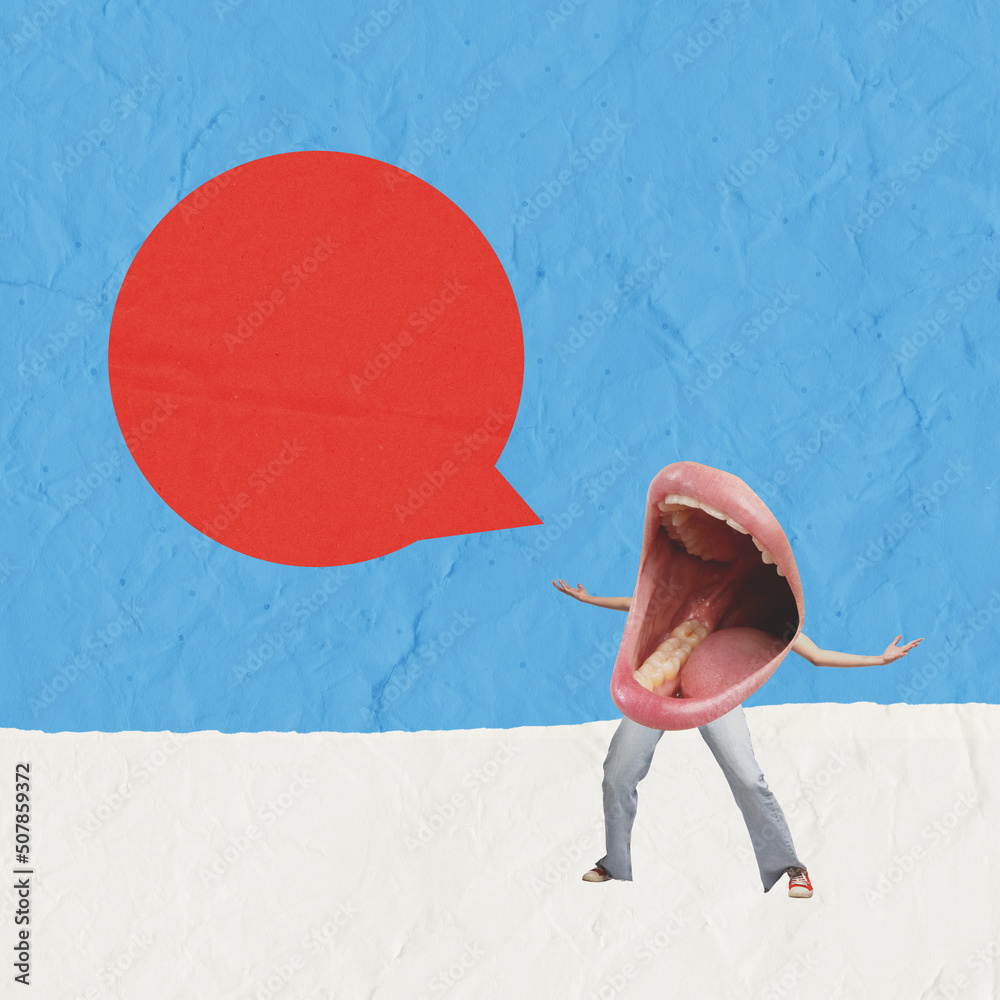 Contemporary art collage. Giant female mouth on legs expressively shouting isolated over blue background. Loud talk