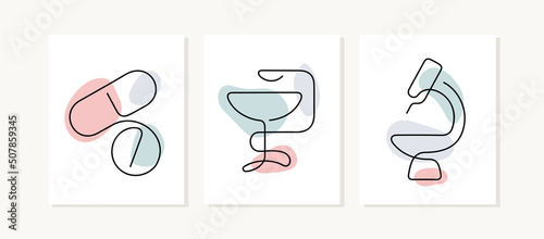 Pharmacy continuous line posters. Medical artistic vector illustrations.