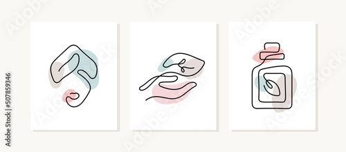 Natural cosmetics continuous line posters. Plants based facial cosmetic artistic vector illustration.