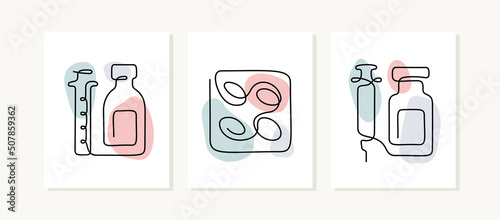 Pharmacy continuous line posters. Medical artistic vector illustrations.