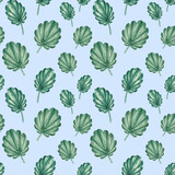 Watercolor pattern with green leaves on a blue background