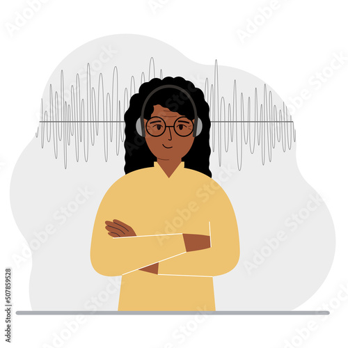 Woman in headphones and a sound track. Concept of online podcast, radio, online books, online learning and music.