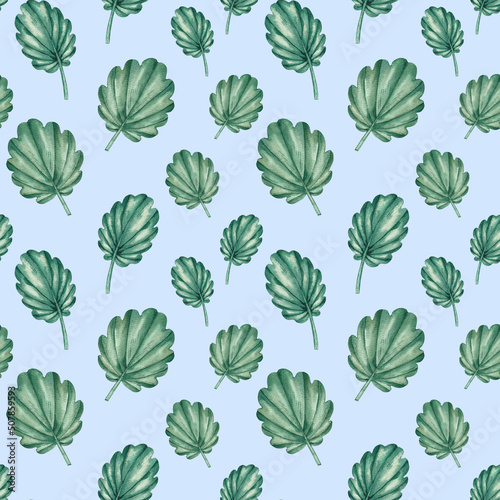 Watercolor pattern with green leaves on a blue background