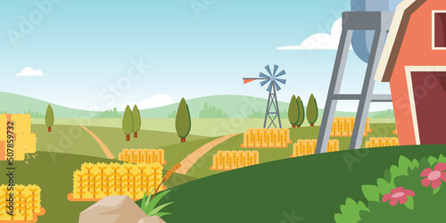 Background Farm Cartoon Wheat Field Barn