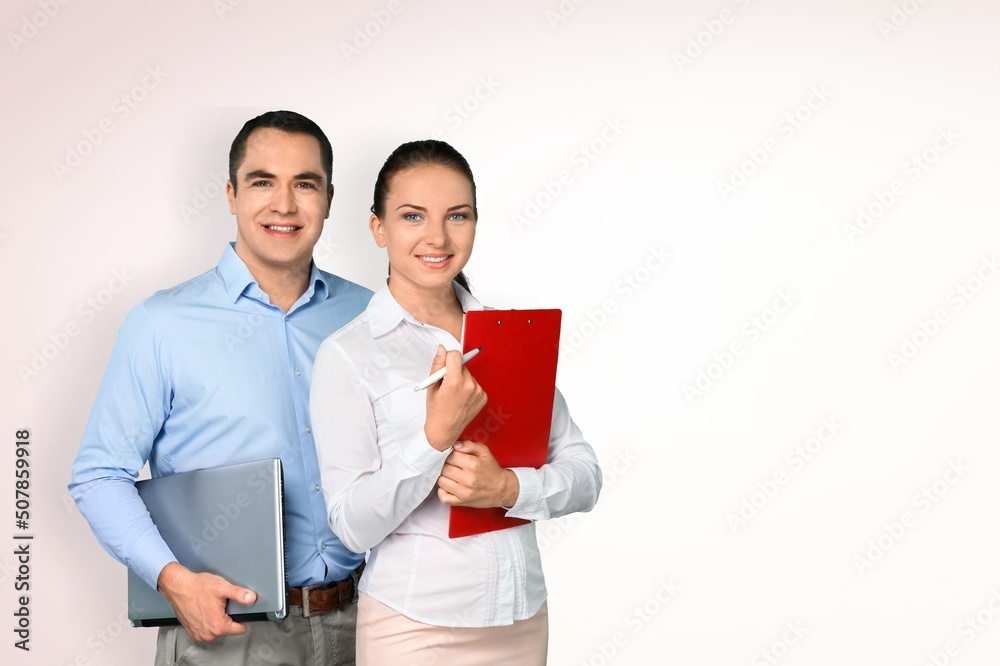 Young businessman and businesswoman, Feeling happiness Young businessman and businesswoman, Feeling happiness