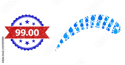 Vector mosaic worm, and bicolor scratched 99.00 watermark. Worm collage for clean water ads. Worm is composed with blue clean water dews. Red stamp has 99.00 title inside ribbon and blue rosette.