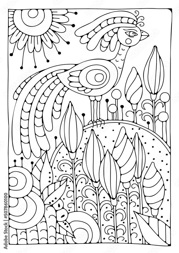 Fototapeta Coloring page for children and adults. A bird sits on