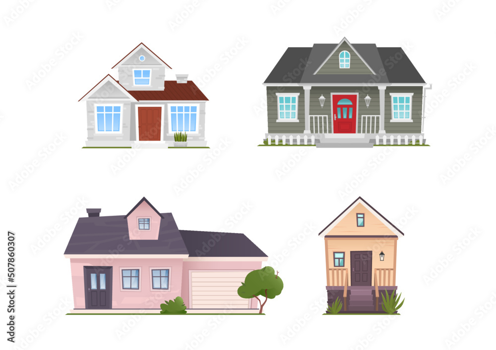 Houses front view set. Isolated on white background. Cartoon vector illustration Houses front view set. Isolated on white background. Cartoon vector illustration