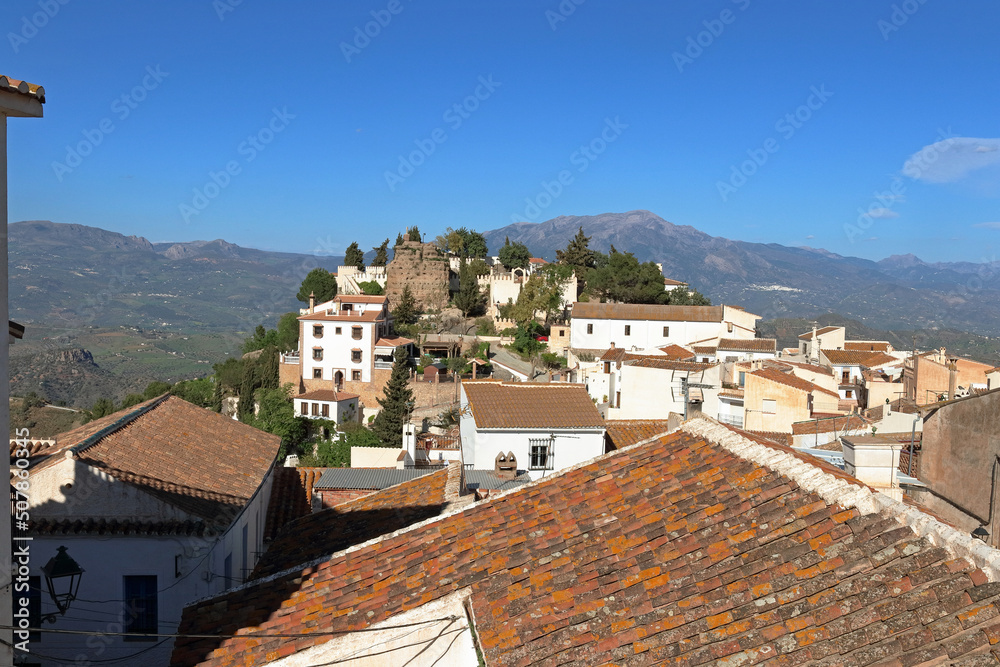 View on the castle ruins of Comares, a white village on top of a hill in the pronice of Malaga, Andalusia, Spain