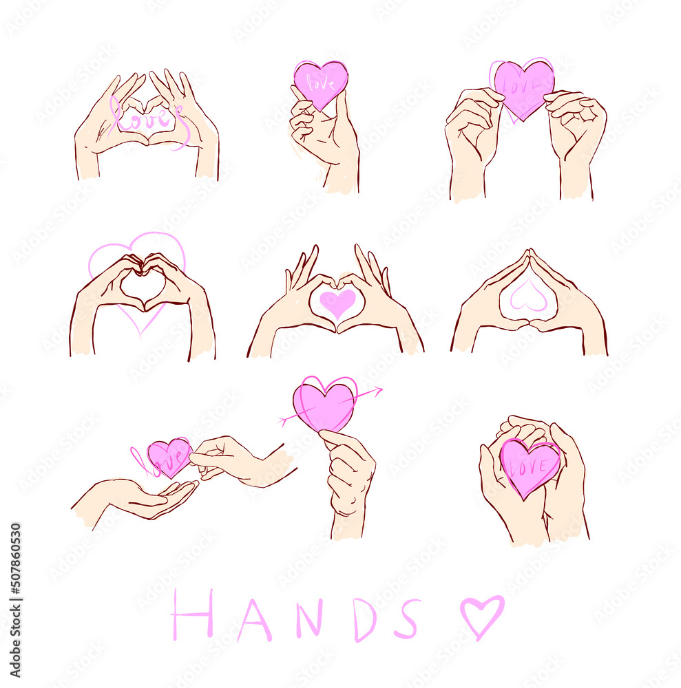 Hands with Heart Shape doodle set vector. Hand drawn illustration.