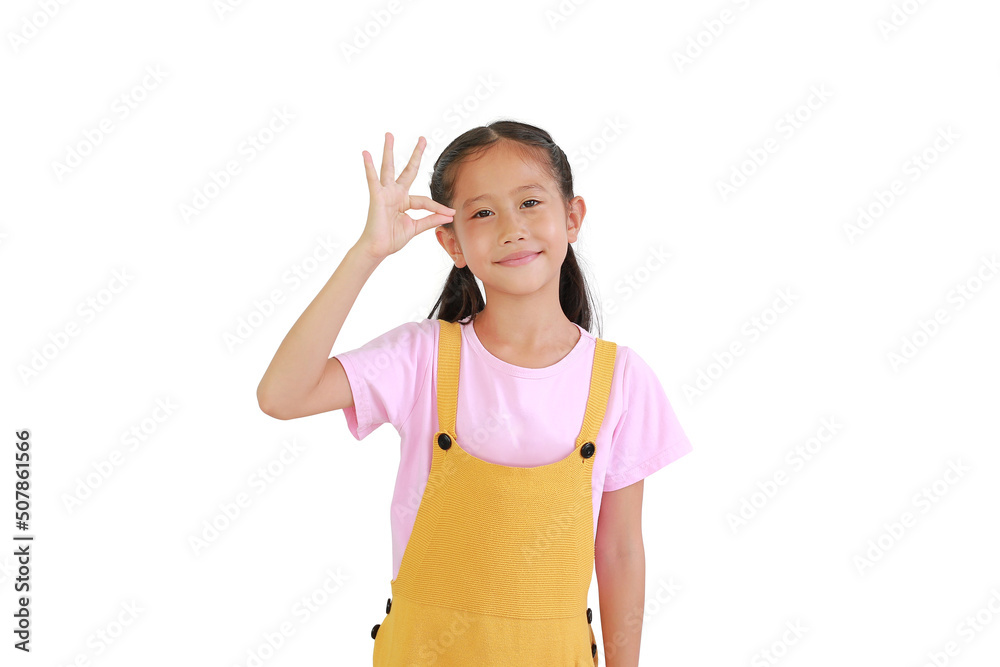Portrait asian little child girl show finger okay symbol sign language isolated on white background. Portrait asian little child girl show finger okay symbol sign language isolated on white background.