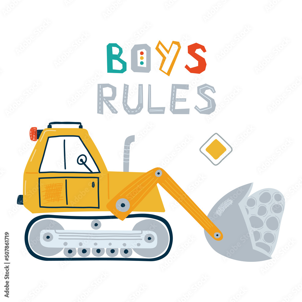 Print with cute construction vehicle in pastel colors with lettering Boys rules. Illustration yellow bulldozer in flat style for kids. Vector Print with cute construction vehicle in pastel colors with lettering Boys rules. Illustration yellow bulldozer in flat style for kids. Vector
