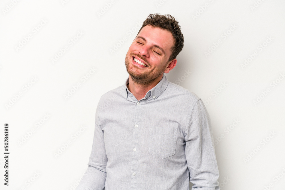 Young caucasian man isolated on white background dancing and having fun. Young caucasian man isolated on white background dancing and having fun.