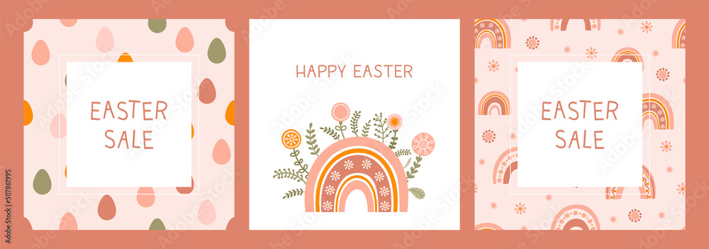 Set sale template with a silhouette holiday Easter eggs and flowers in flat style. Illustration easter eggs in pastel colors and space for your text. Vector Set sale template with a silhouette holiday Easter eggs and flowers in flat style. Illustration easter eggs in pastel colors and space for your text. Vector