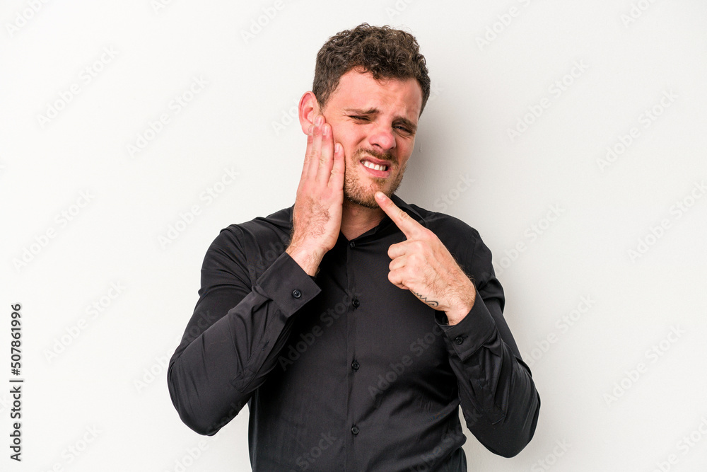 Young caucasian man isolated on white background having a strong teeth pain, molar ache. Young caucasian man isolated on white background having a strong teeth pain, molar ache.