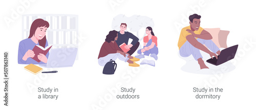 Getting ready for classes isolated cartoon vector illustrations set.