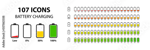 Set of vertical battery level indicators in percentage vector. Battery indicator symbols. 0-100 percent.