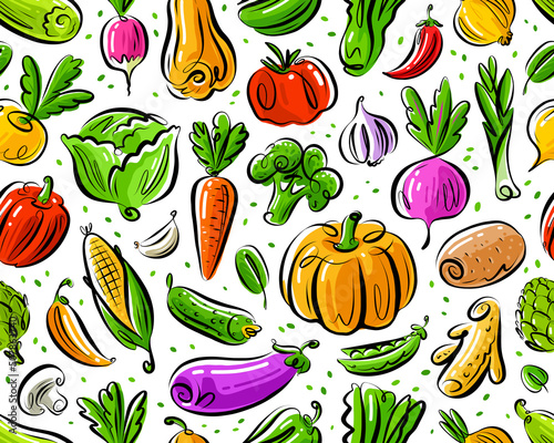 Fresh vegetables seamless pattern. Vegetarian healthy farm organic food background. Color vector illustration
