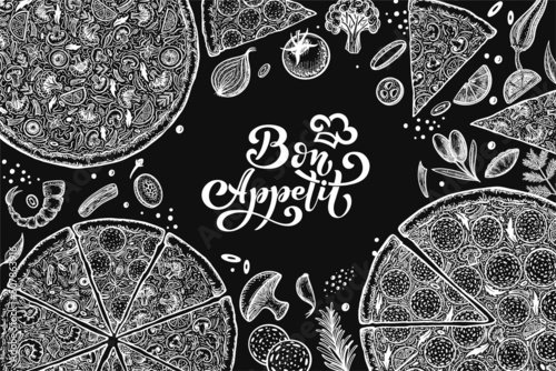 Pizza and ingredients. Bon appetit inscription. Hand drawn pizzeria menu template. Set of Italian cuisine products. Vector illustration