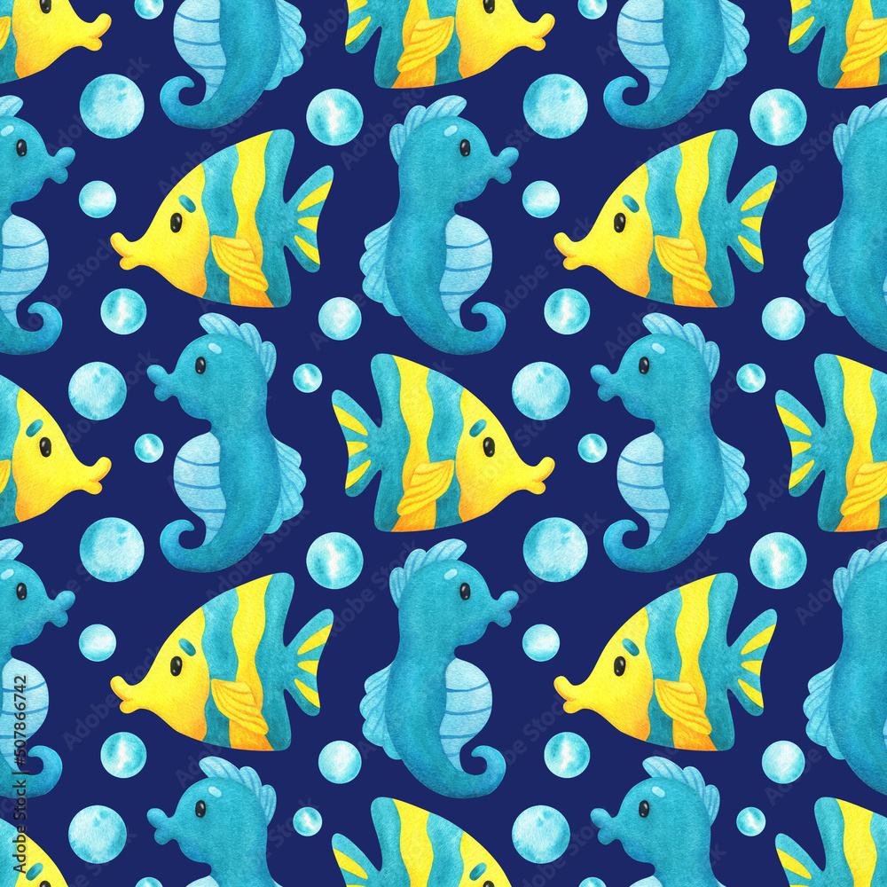Seamless pattern with marine animals. Ornament with watercolor cartoon characters seahorse, fish, blue and yellow. A sample of a pattern with underwater inhabitants on a white background