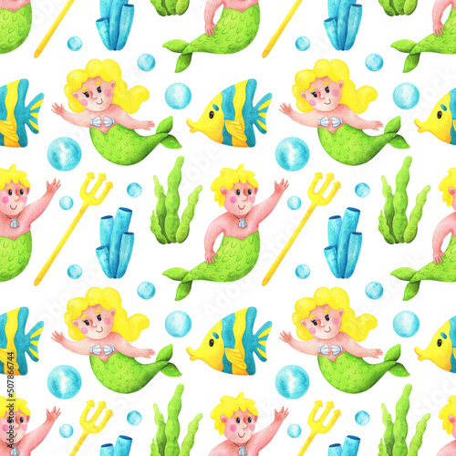 Seamless pattern with female and male mermaids, fish, algae. Marine ornament with watercolor cartoon characters. Body positive mermaids with yellow hair on a white background. Print sample