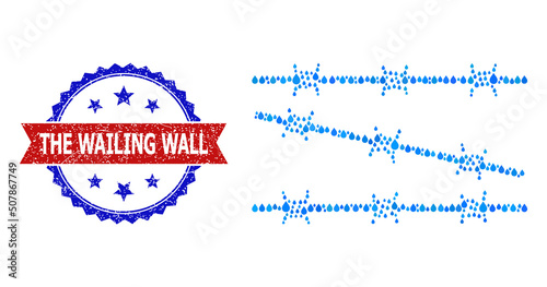 Vector mosaic barbed wire fence, and bicolor dirty The Wailing Wall seal stamp. Barbed wire fence mosaic for clean beverage advertisement. Barbed wire fence is composed from blue clear water dews.