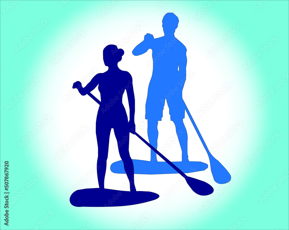 Set of vector emblems with SUP boards, boarder silhouettes and equipment. Set of vector emblems with SUP boards, boarder silhouettes and equipment.