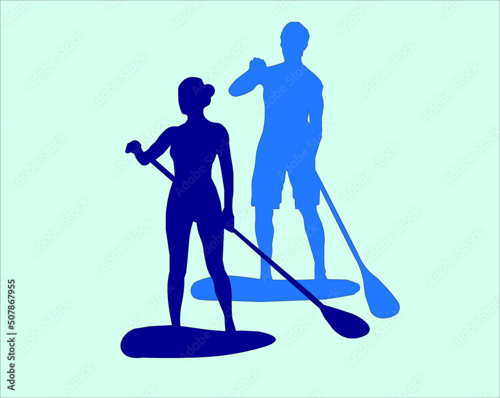 Set of vector emblems with SUP boards, boarder silhouettes and equipment. Set of vector emblems with SUP boards, boarder silhouettes and equipment.