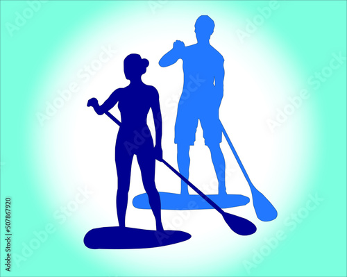 Set of vector emblems with SUP boards, boarder silhouettes and equipment.