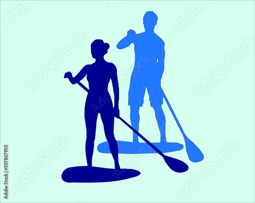 Set of vector emblems with SUP boards, boarder silhouettes and equipment.