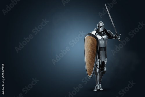 Knight in armor with a sword on a dark background, medieval knight, armor of the past. 3D render, 3D illustration.
