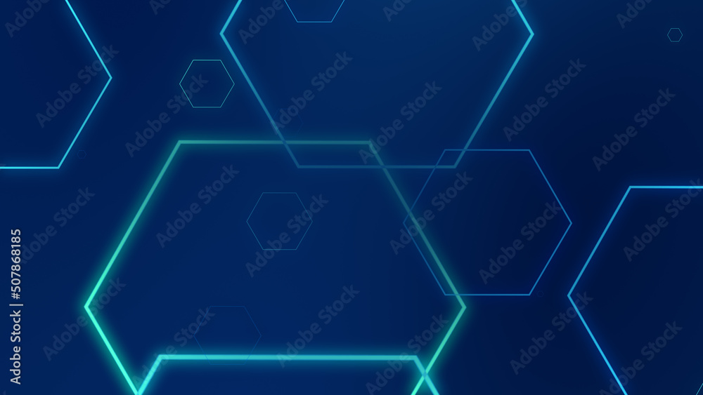 Abstract hexagon geometric blue neon lights technology dark background. Abstract hexagon geometric blue neon lights technology dark background.