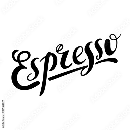 Coffee espresso. Hand lettering. Black calligraphy letters with coffee bean. Trendy illustration for coffee shop menu bar cafe restaurant banner poster flyer. Digital vector illustration. Menu card.